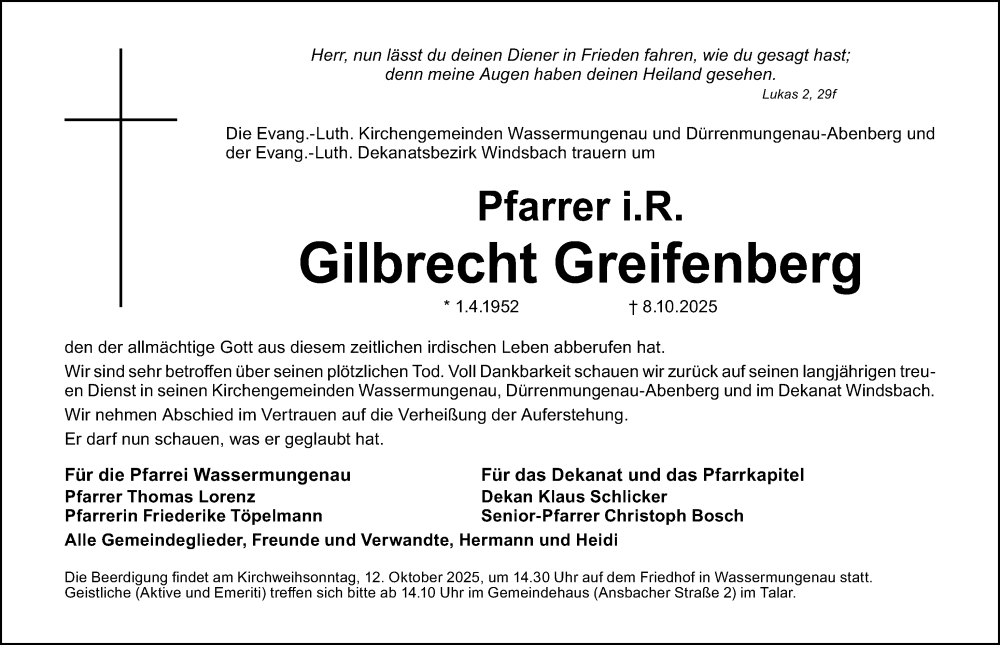 Traueranzeige für Gilbrecht Greifenberg vom 11.10.2025 aus HST,HRHV