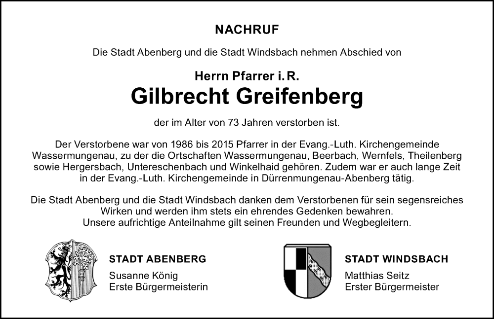  Traueranzeige für Gilbrecht Greifenberg vom 14.10.2025 aus Schwabacher Tagblatt Lokal