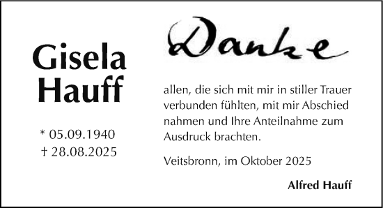 Traueranzeige von Gisela Hauff von Gesamtausgabe Nürnberger Nachrichten/ Nürnberger Ztg.