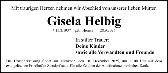 Traueranzeige von Gisela Helbig von Fürther Nachrichten Lokal