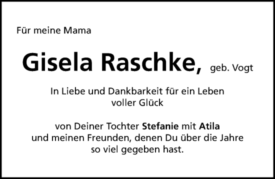 Traueranzeige von Gisela Raschke von Gesamtausgabe Nürnberger Nachrichten/ Nürnberger Ztg.