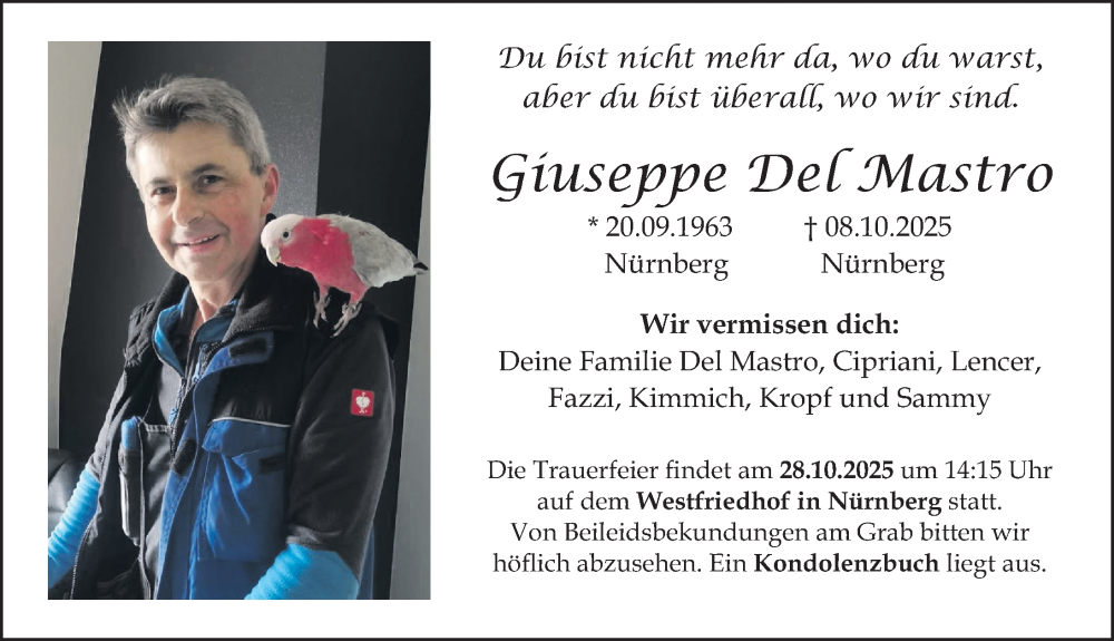  Traueranzeige für Giuseppe Del Mastro vom 25.10.2025 aus Gesamtausgabe Nürnberger Nachrichten/ Nürnberger Ztg.