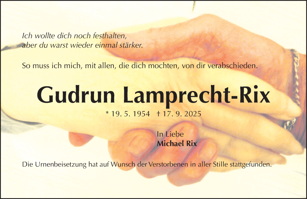  Traueranzeige für Gudrun Lamprecht-Rix vom 04.10.2025 aus Gesamtausgabe Nürnberger Nachrichten/ Nürnberger Ztg.