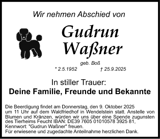 Traueranzeige von Gudrun Waßner von Gesamtausgabe Nürnberger Nachrichten/ Nürnberger Ztg.