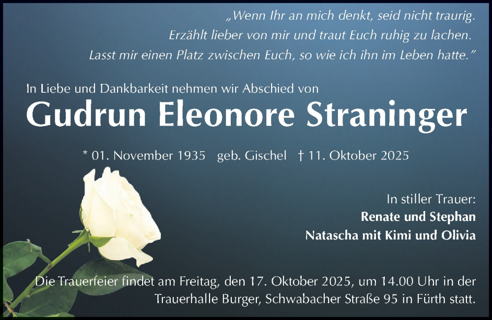  Traueranzeige für Gudrun Eleonore Straninger vom 16.10.2025 aus Gesamtausgabe Nürnberger Nachrichten/ Nürnberger Ztg.