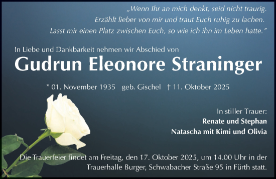 Traueranzeige von Gudrun Eleonore Straninger von Gesamtausgabe Nürnberger Nachrichten/ Nürnberger Ztg.