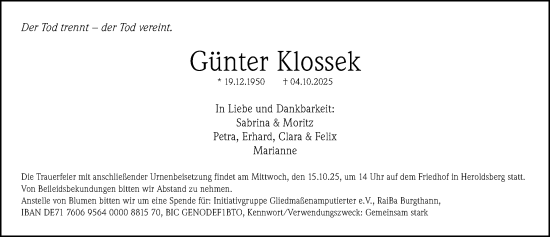 Traueranzeige von Günter Klossek von Gesamtausgabe Nürnberger Nachrichten/ Nürnberger Ztg.