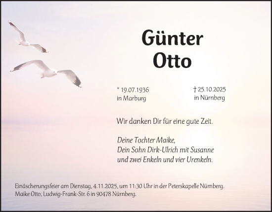 Traueranzeige von Günter Otto von Gesamtausgabe Nürnberger Nachrichten/ Nürnberger Ztg.