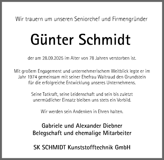Traueranzeige von Günter Schmidt von Gesamtausgabe Nürnberger Nachrichten/ Nürnberger Ztg.