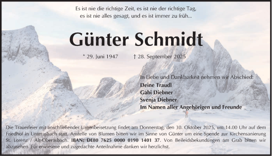 Traueranzeige von Günter Schmidt von Gesamtausgabe Nürnberger Nachrichten/ Nürnberger Ztg.