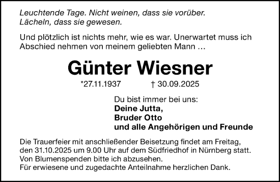 Traueranzeige von Günter Wiesner von Gesamtausgabe Nürnberger Nachrichten/ Nürnberger Ztg.