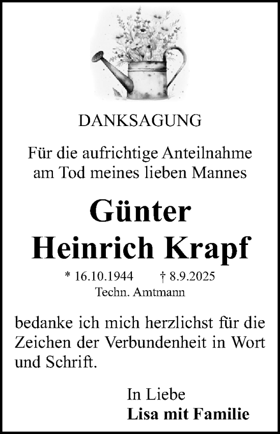 Traueranzeige von Günter Heinrich Krapf von Fürther Nachrichten Lokal