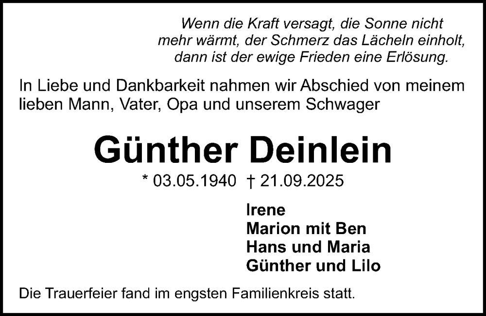  Traueranzeige für Günther Deinlein vom 04.10.2025 aus Gesamtausgabe Nürnberger Nachrichten/ Nürnberger Ztg.