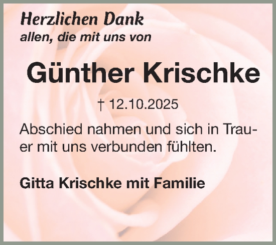 Traueranzeige von Günther Krischke von Gesamtausgabe Nürnberger Nachrichten/ Nürnberger Ztg.