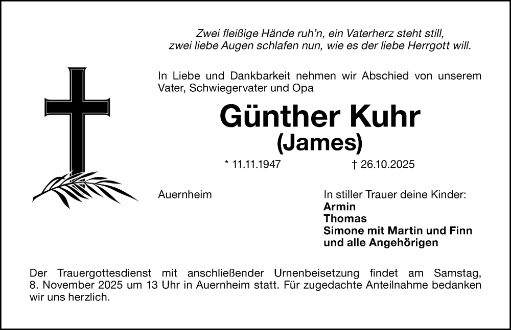  Traueranzeige für Günther Kuhr vom 31.10.2025 aus Altmühl-Bote Lokal/ Weißenburger Tagblatt