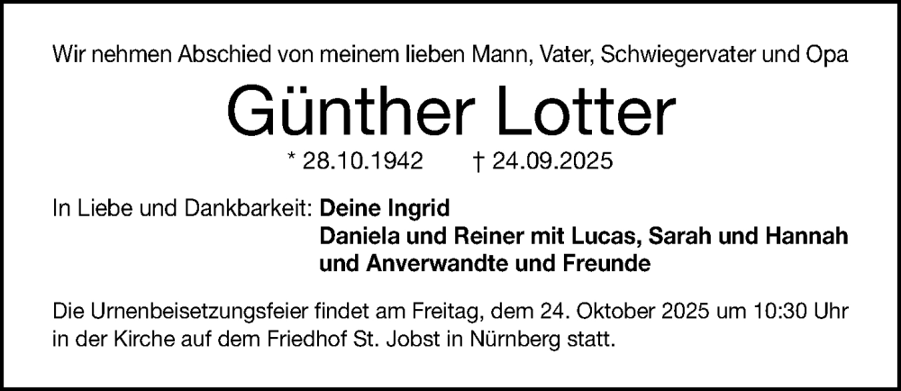  Traueranzeige für Günther Lotter vom 18.10.2025 aus Gesamtausgabe Nürnberger Nachrichten/ Nürnberger Ztg.