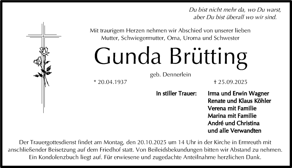  Traueranzeige für Gunda Brütting vom 11.10.2025 aus Nordbayerische Nachrichten Forchheim Lokal