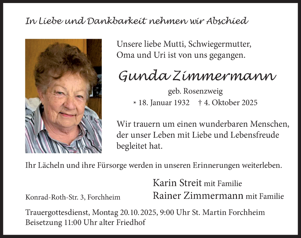 Traueranzeige für Gunda Zimmermann vom 11.10.2025 aus Nordbayerische Nachrichten Forchheim Lokal