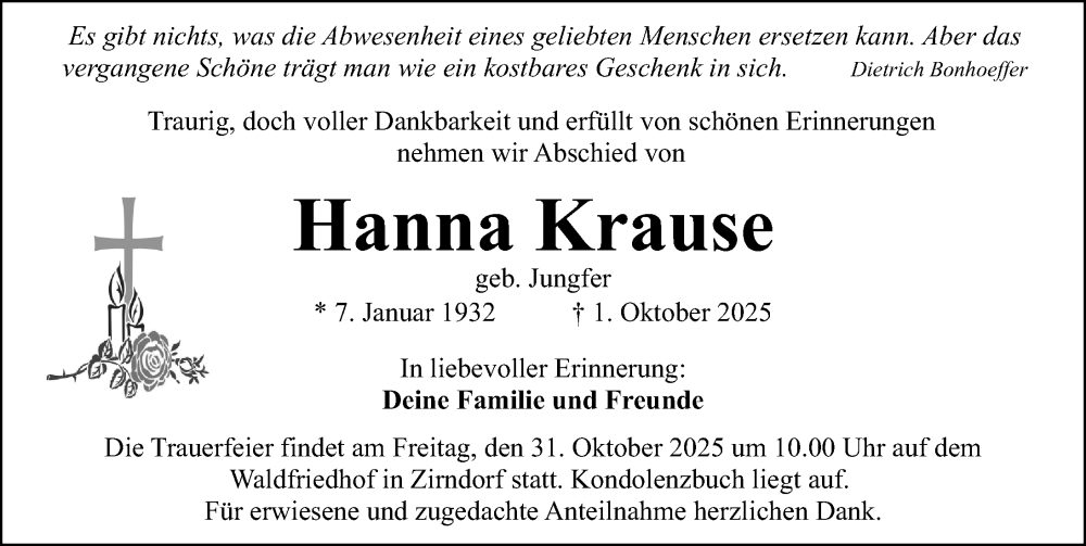  Traueranzeige für Hanna Krause vom 18.10.2025 aus Fürther Nachrichten Lokal