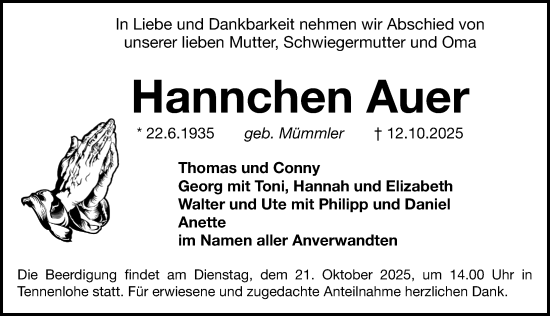 Traueranzeige von Hannchen Auer von Erlanger Nachrichten Lokal
