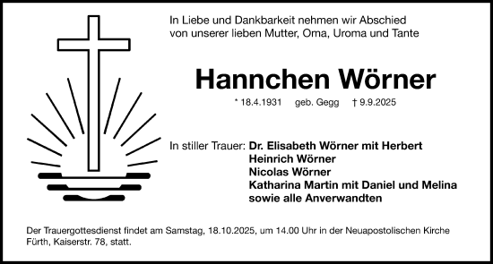 Traueranzeige von Hannchen Wörner von Gesamtausgabe Nürnberger Nachrichten/ Nürnberger Ztg.