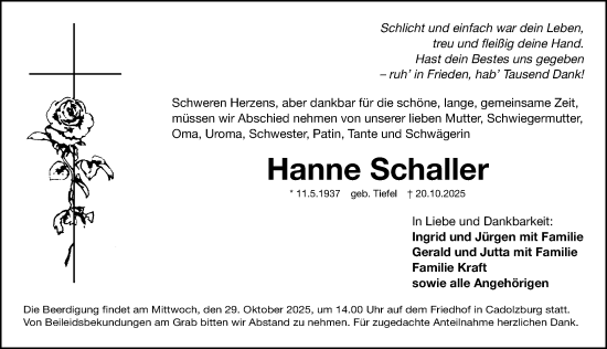 Traueranzeige von Hanne Schaller von Fürther Nachrichten Lokal