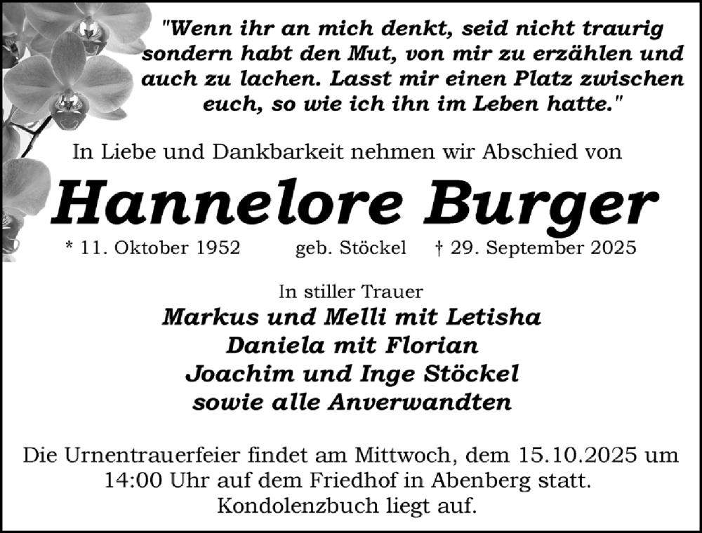  Traueranzeige für Hannelore Burger vom 11.10.2025 aus Roth-Hilpoltsteiner Volkszeitung Lokal