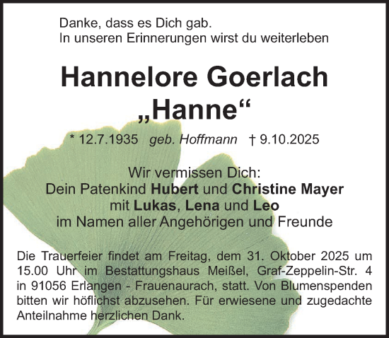 Traueranzeige von Hannelore Goerlach von Erlanger Nachrichten Lokal