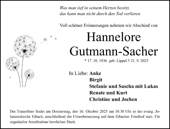 Traueranzeige von Hannelore Gutmann-Sacher von Gesamtausgabe Nürnberger Nachrichten/ Nürnberger Ztg.