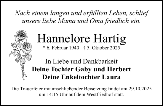 Traueranzeige von Hannelore Hartig von Gesamtausgabe Nürnberger Nachrichten/ Nürnberger Ztg.