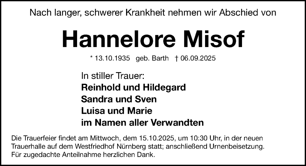  Traueranzeige für Hannelore Misof vom 08.10.2025 aus Gesamtausgabe Nürnberger Nachrichten/ Nürnberger Ztg.