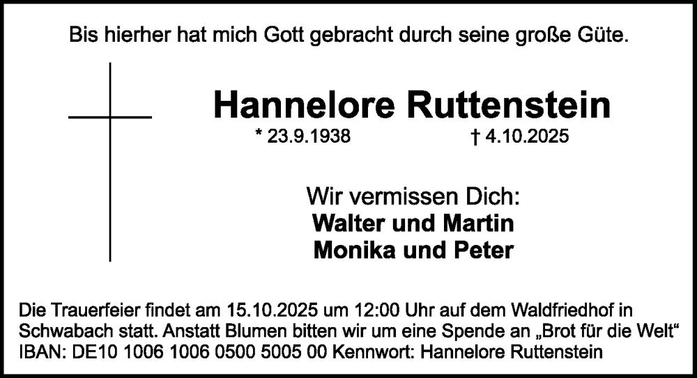  Traueranzeige für Hannelore Ruttenstein vom 11.10.2025 aus Schwabacher Tagblatt Lokal