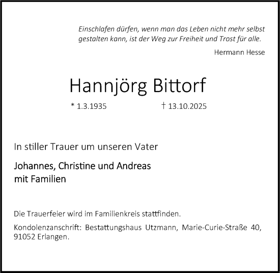 Traueranzeige von Hannjörg Bittorf von Erlanger Nachrichten Lokal
