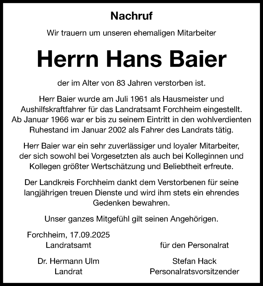  Traueranzeige für Hans Baier vom 04.10.2025 aus Nordbayerische Nachrichten Forchheim Lokal