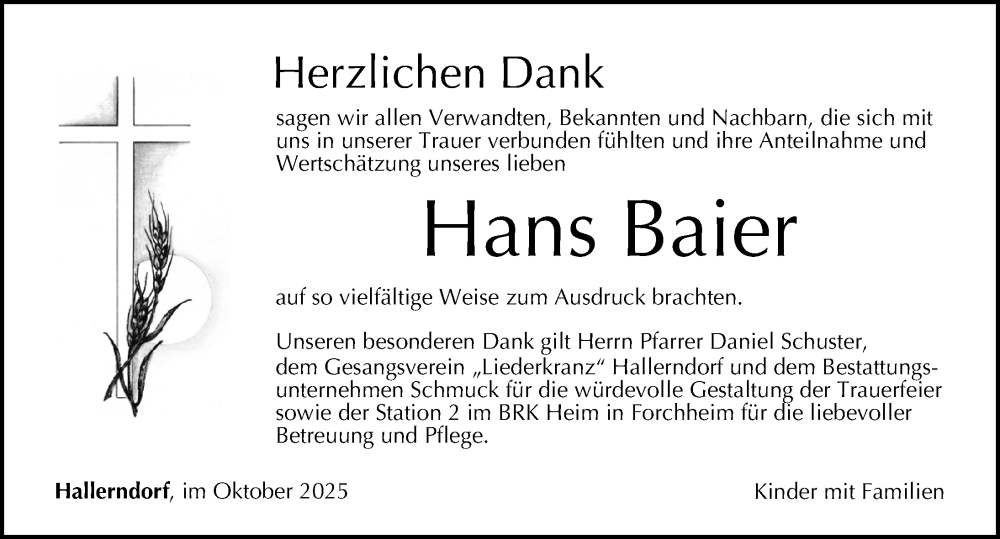  Traueranzeige für Hans Baier vom 31.10.2025 aus Nordbayerische Nachrichten Forchheim Lokal