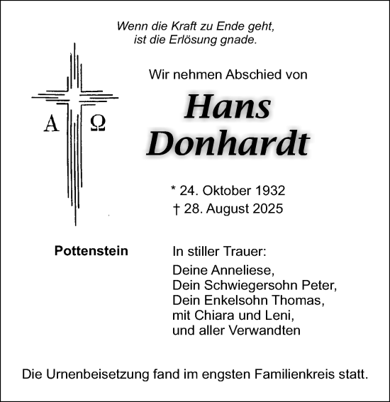 Traueranzeige von Hans Donhardt von Nordbayerische Nachrichten Pegnitz Lokal
