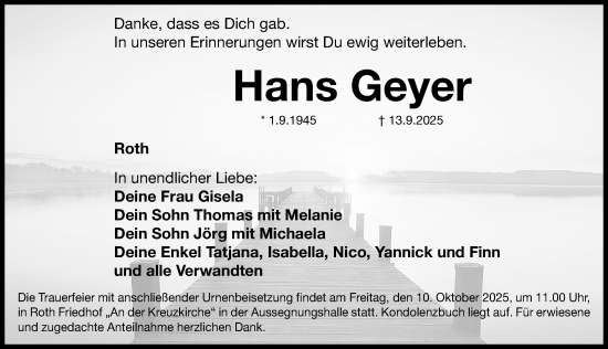 Traueranzeige von Hans Geyer von Roth-Hilpoltsteiner Volkszeitung Lokal