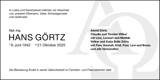 Traueranzeige von Hans Görtz von Roth-Hilpoltsteiner Volkszeitung Lokal