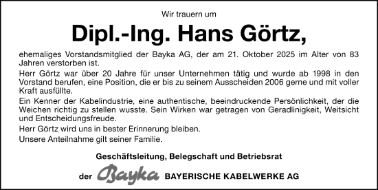 Traueranzeige von Hans Görtz von Roth-Hilpoltsteiner Volkszeitung Lokal