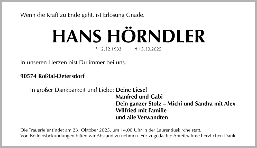  Traueranzeige für Hans Hörndler vom 18.10.2025 aus HFN,HST