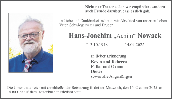 Traueranzeige von Hans-Joachim Nowack von Erlanger Nachrichten Lokal
