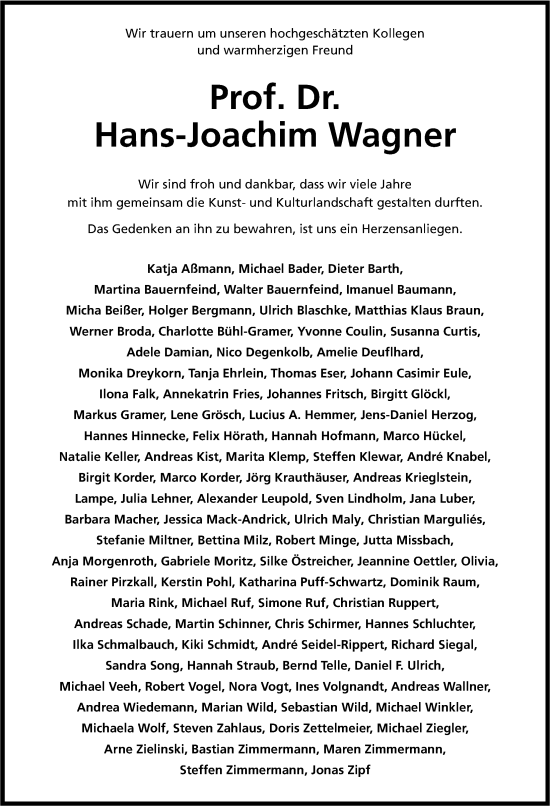 Traueranzeige von Hans-Joachim Wagner von Gesamtausgabe Nürnberger Nachrichten/ Nürnberger Ztg.