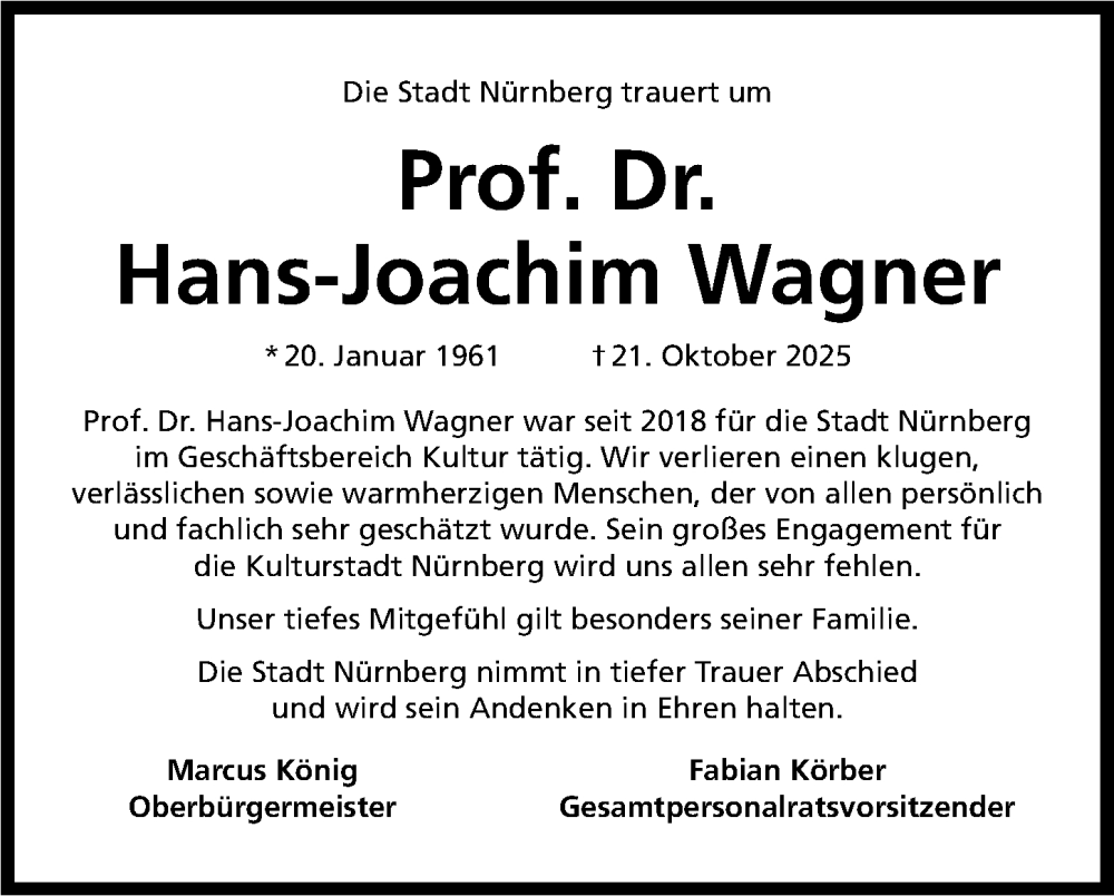  Traueranzeige für Hans-Joachim Wagner vom 31.10.2025 aus Gesamtausgabe Nürnberger Nachrichten/ Nürnberger Ztg.