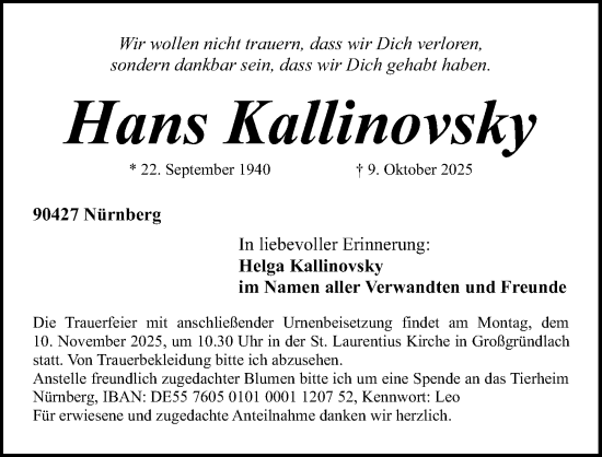 Traueranzeige von Hans Kallinovsky von Gesamtausgabe Nürnberger Nachrichten/ Nürnberger Ztg.