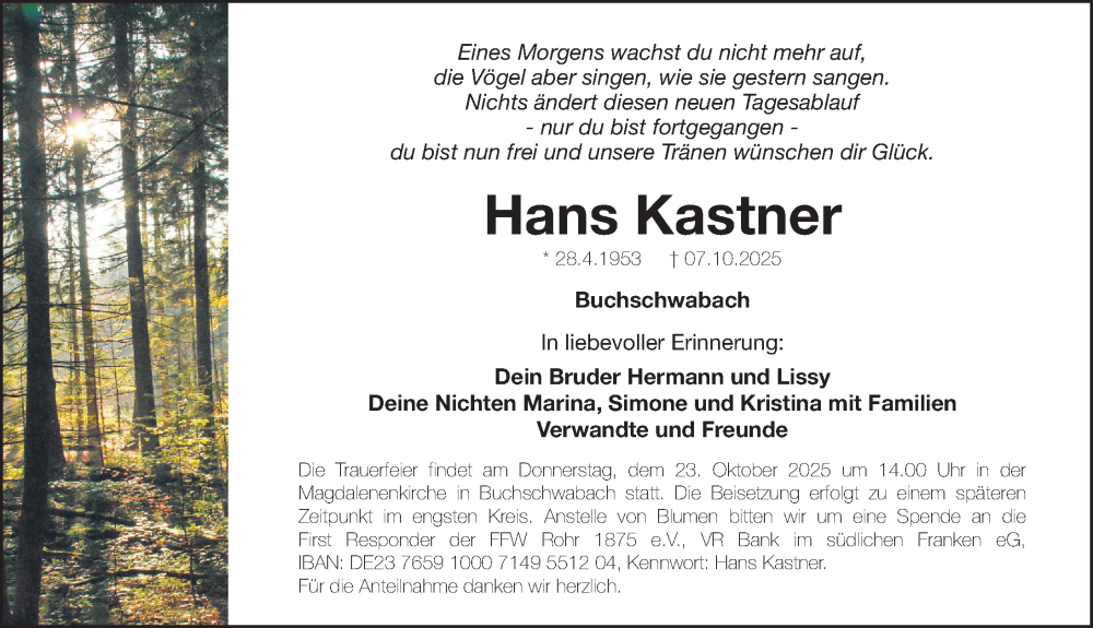  Traueranzeige für Hans Kastner vom 18.10.2025 aus Gesamtausgabe Nürnberger Nachrichten/ Nürnberger Ztg.