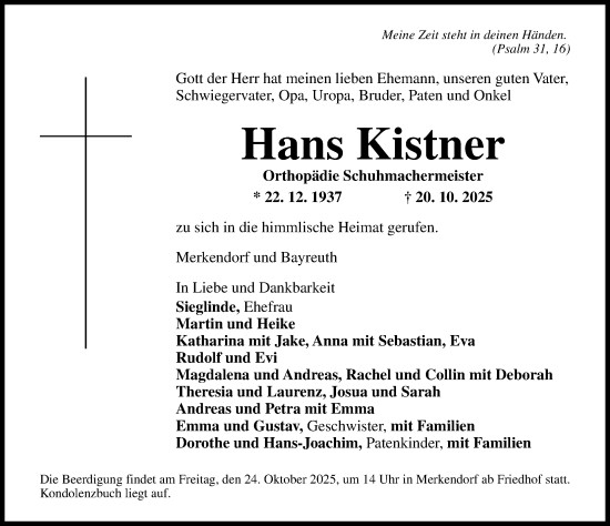 Traueranzeige von Hans Kistner von Altmühl-Bote Lokal