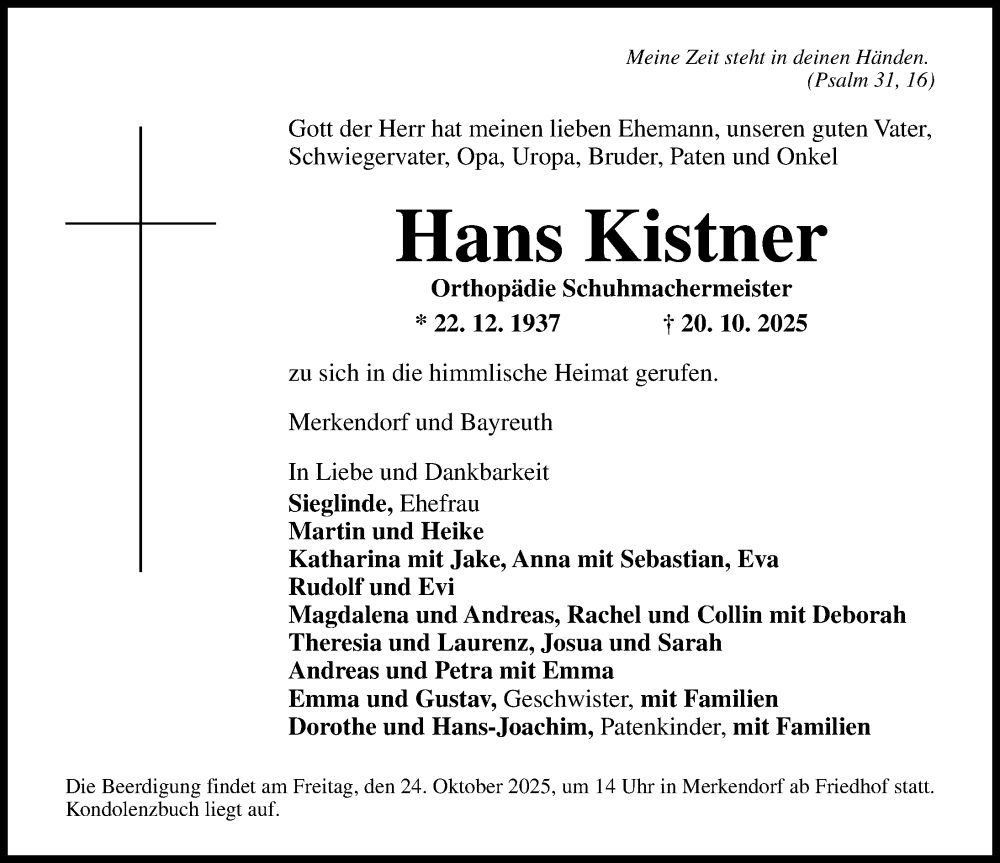  Traueranzeige für Hans Kistner vom 23.10.2025 aus Altmühl-Bote Lokal