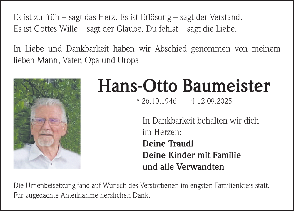  Traueranzeige für Hans-Otto Baumeister vom 25.10.2025 aus Roth-Hilpoltsteiner Volkszeitung Lokal