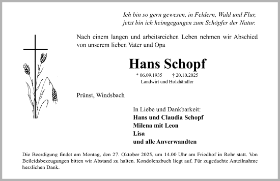 Traueranzeige von Hans Schopf von Schwabacher Tagblatt Lokal
