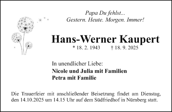 Traueranzeige von Hans-Werner Kaupert von Gesamtausgabe Nürnberger Nachrichten/ Nürnberger Ztg.